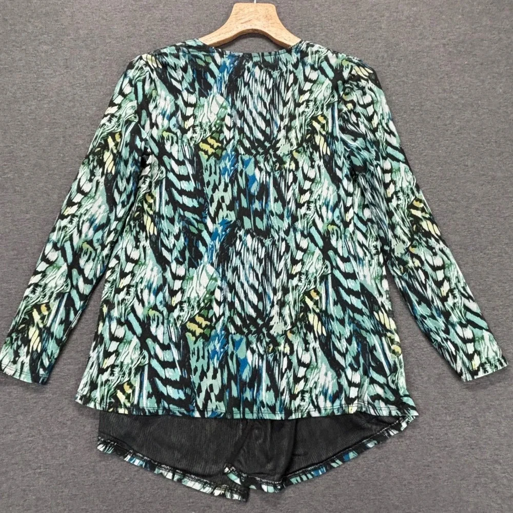 Chicos Cardigan Womens S Open Front Long Sleeve Teal Black Abstract Print Sheer